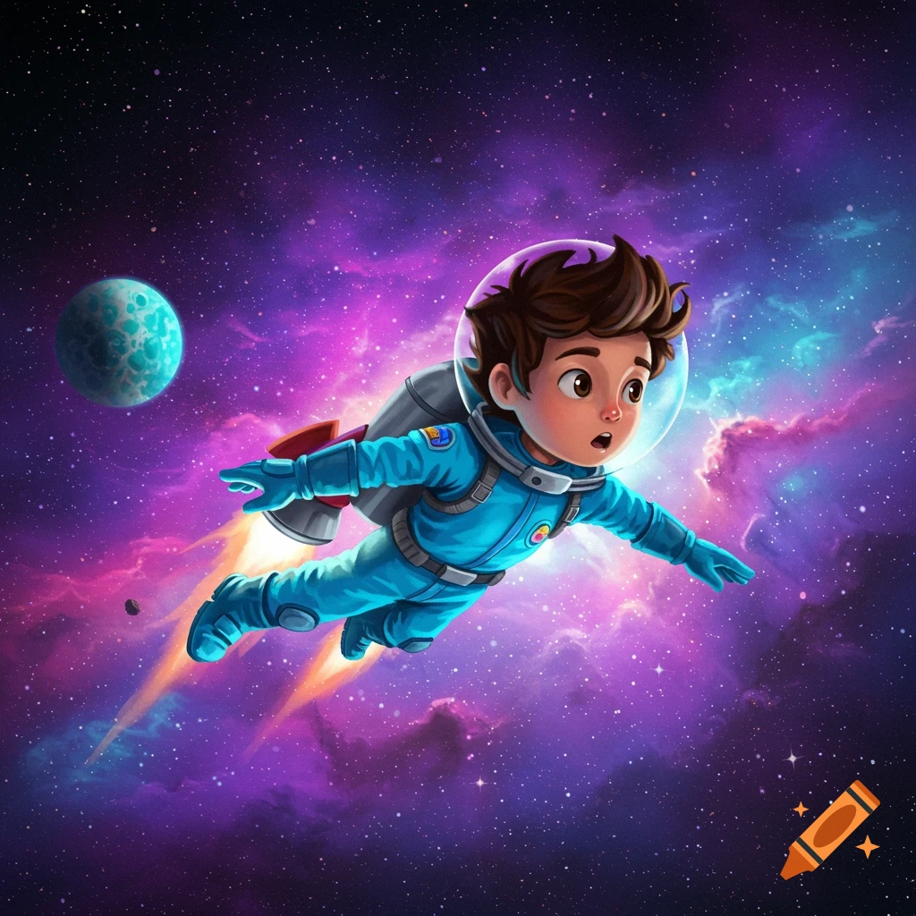 A cartoon boy astronaut flies through a colorful nebula in space with a small planet nearby.