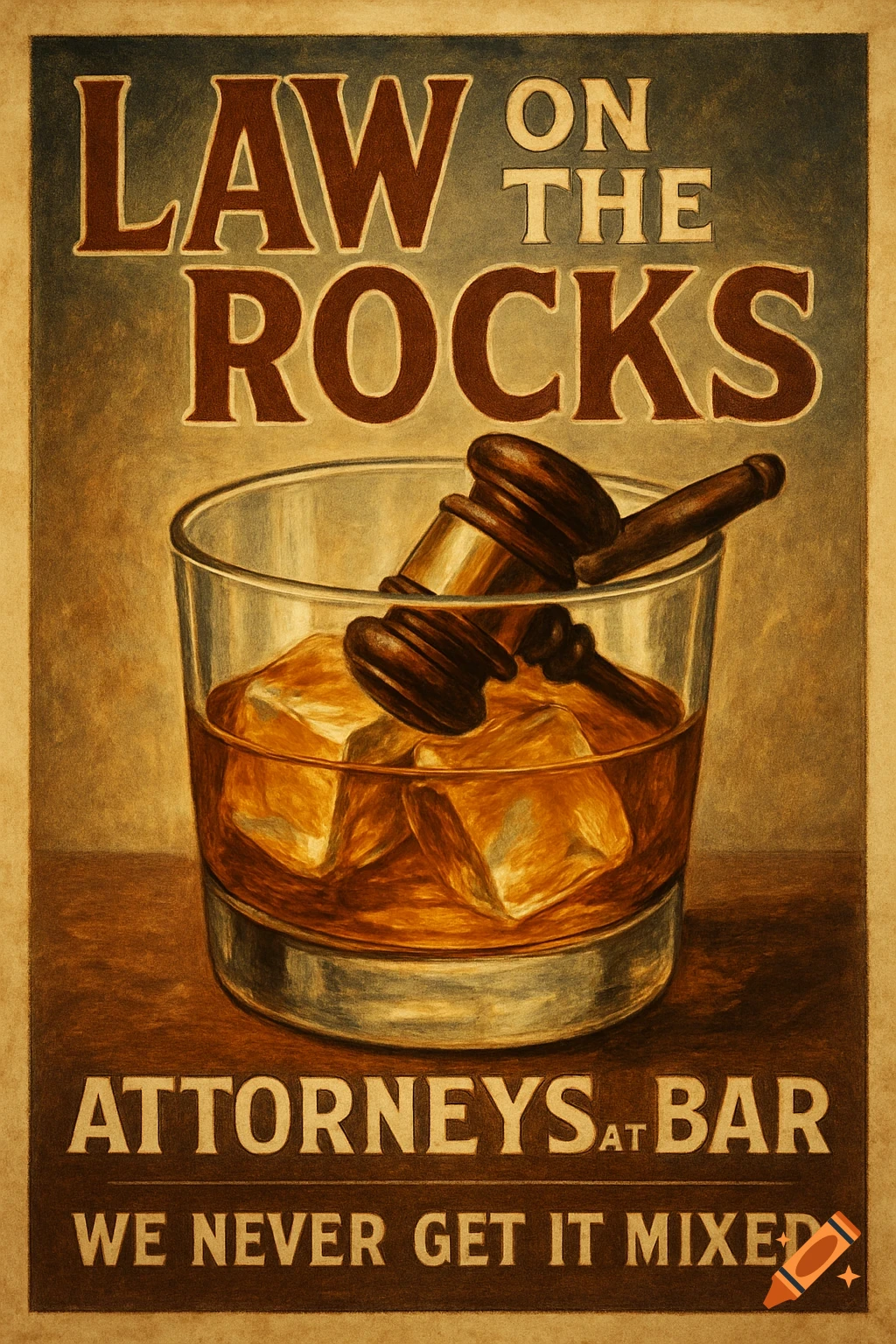 Vintage poster for 'Law On The Rocks' legal firm/bar, showing a gavel in a glass of whiskey. Text: 'ATTORNEYS AT BAR WE NEVER GET IT MIXED'.