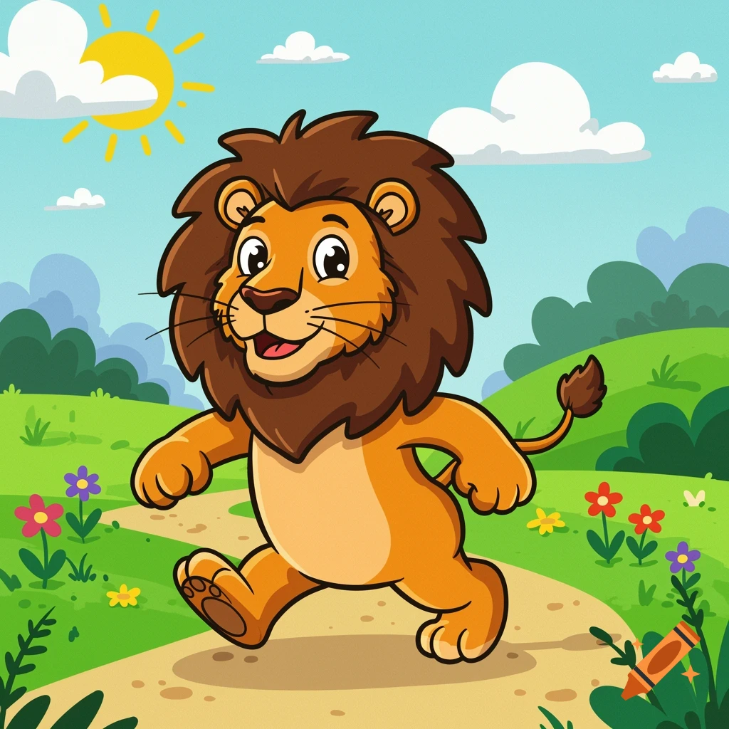 Cartoon lion walking on a path in a sunny field