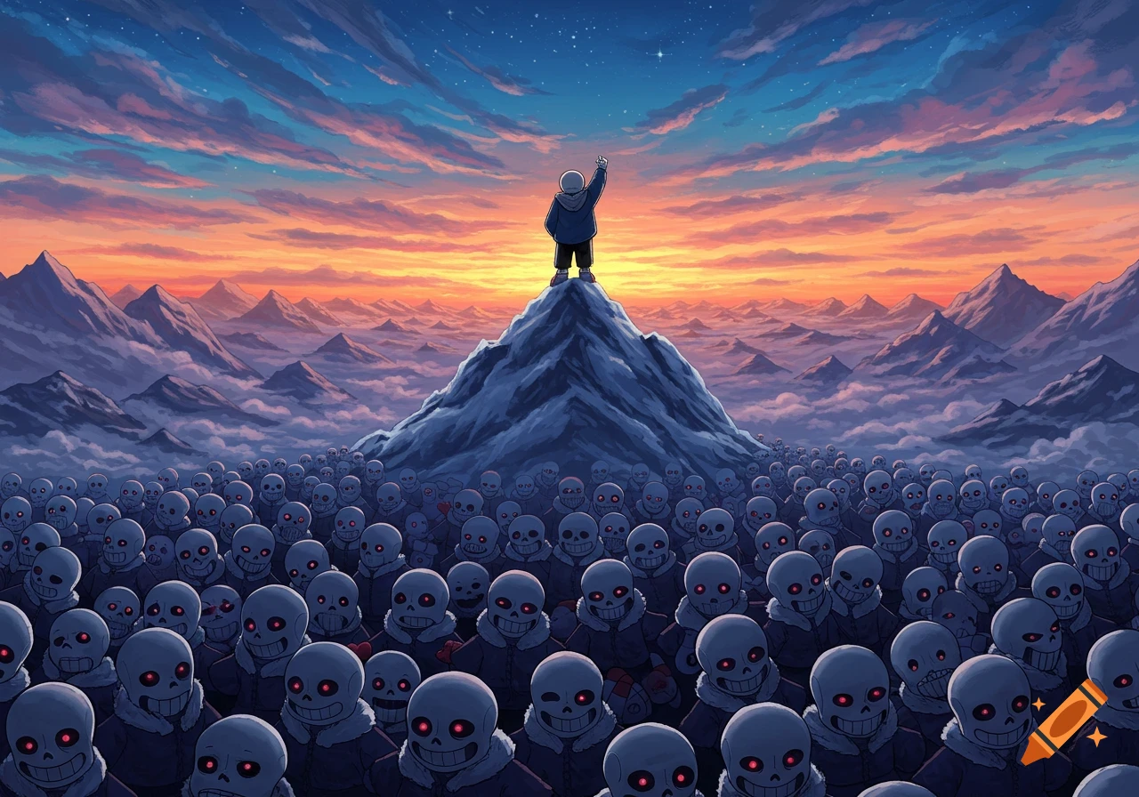 Sans stands on a mountain peak overlooking a vast crowd of skeletons under a dramatic sunset sky. Illustration.