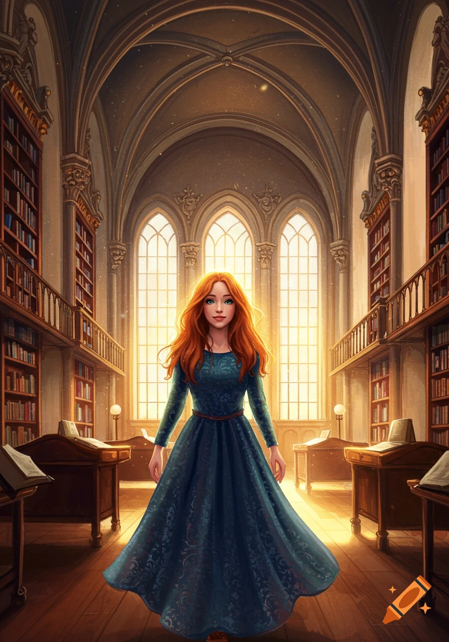 A woman with red hair in a blue dress stands in a large, ornate library.