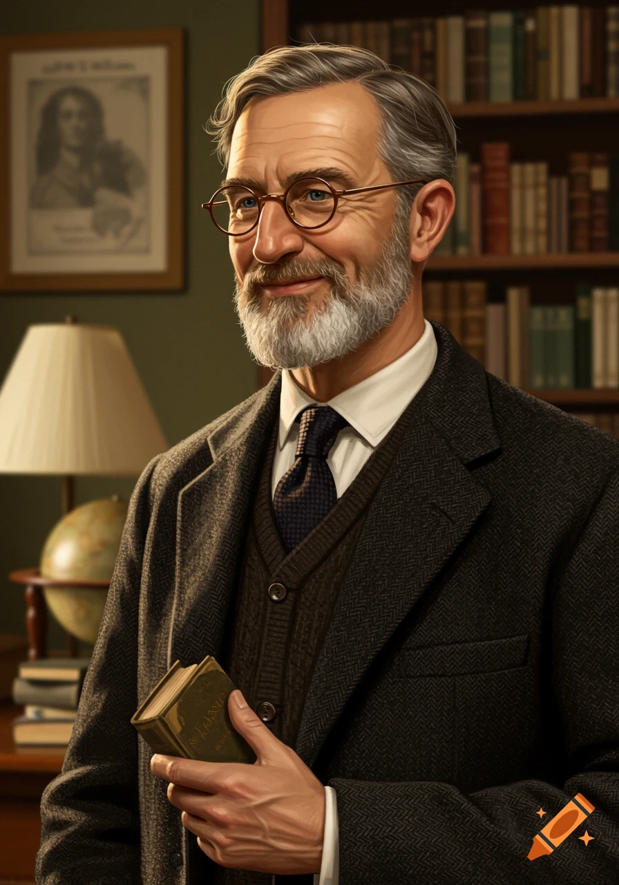 A man resembling a professor holds a book in a study with bookshelves and a globe.