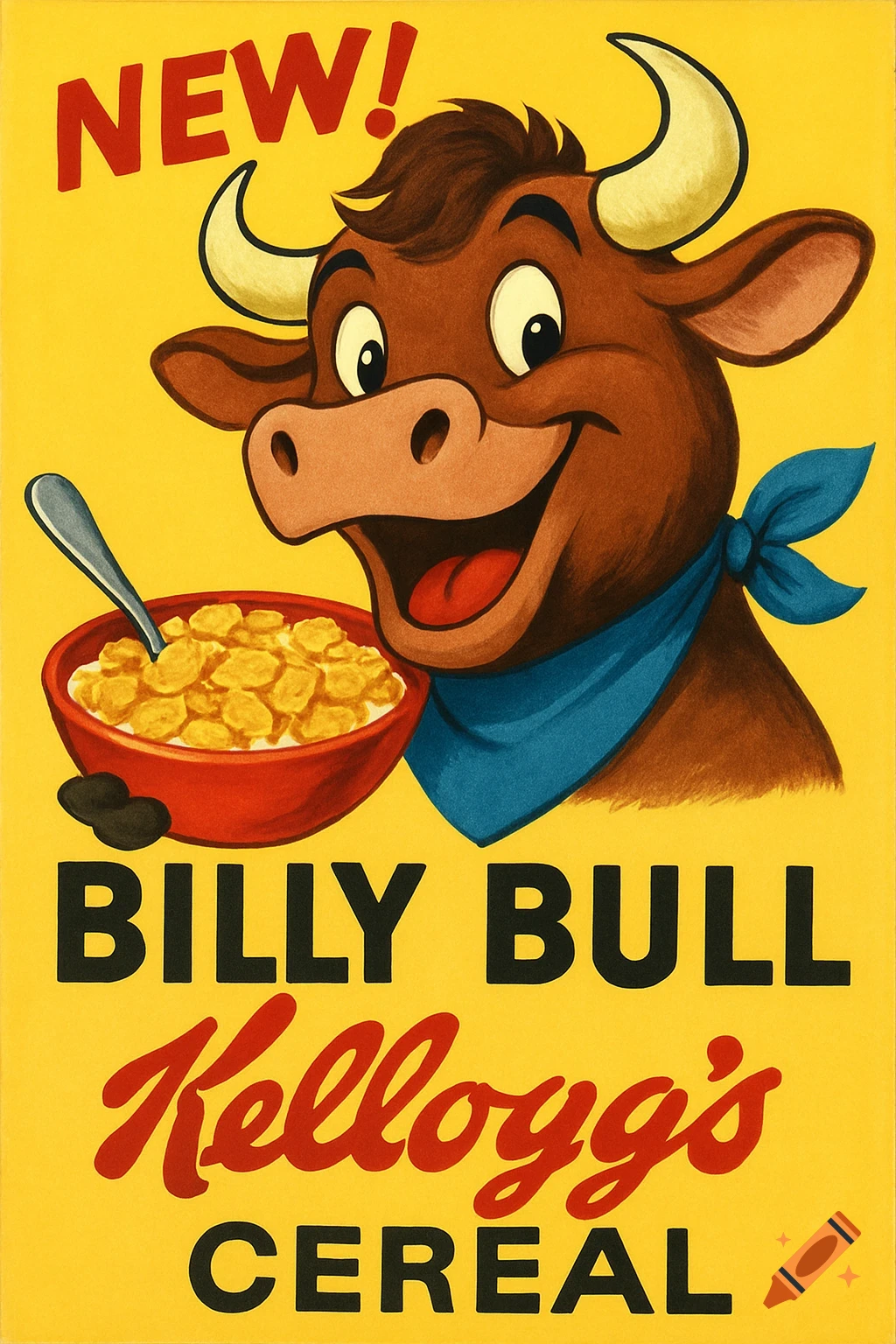 Cartoon bull mascot smiling beside a bowl of cereal, text reads 'NEW! BILLY BULL Kellogg's CEREAL'.