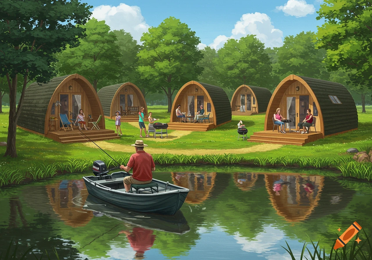 Man Fishing In A Boat On A Lake With Glamping Pods And People Nearby man-fishing-in-a-boat-on-a-lake-with-glamping-pods-and-people-nearby