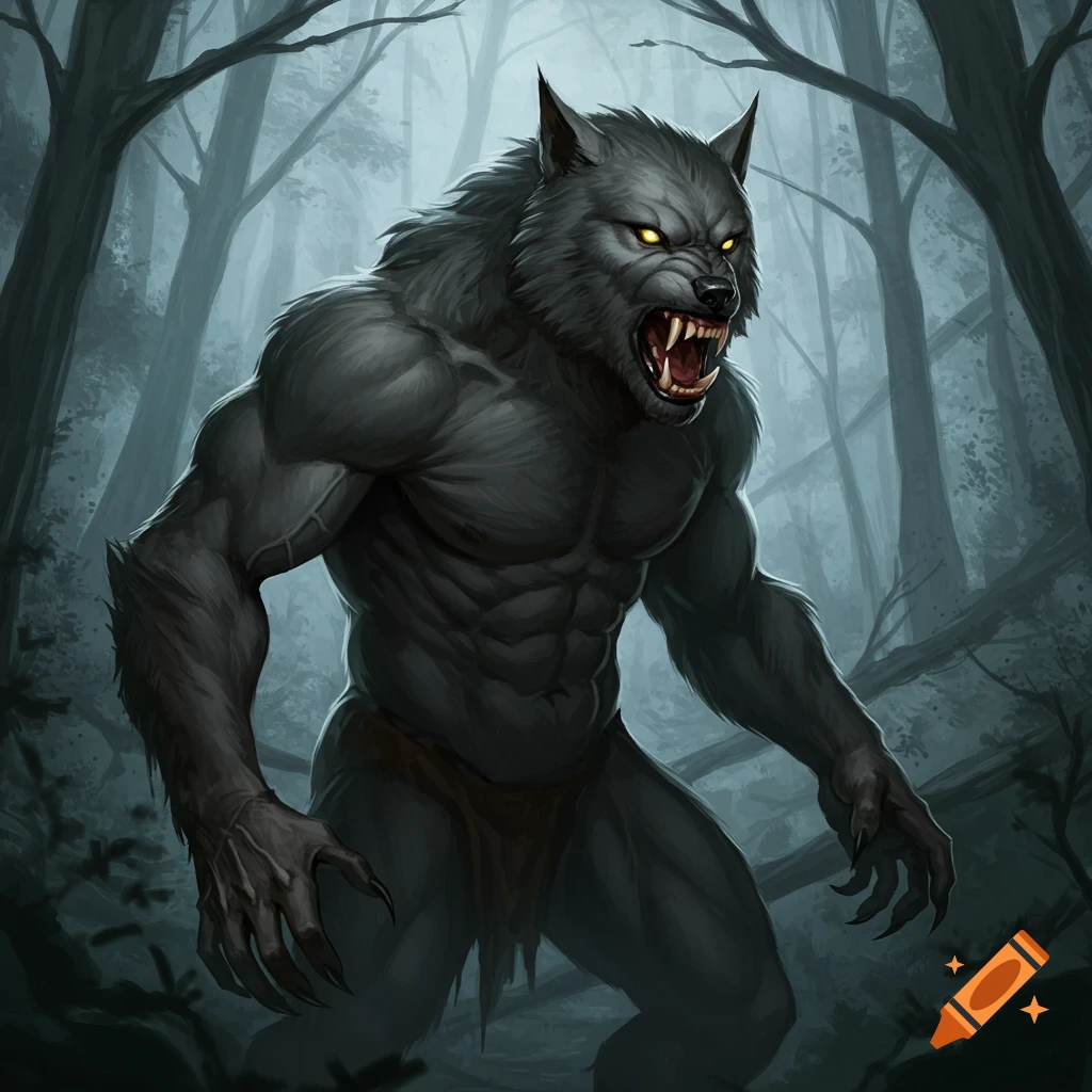 Muscular werewolf with dark fur and glowing eyes snarling in a dark forest.