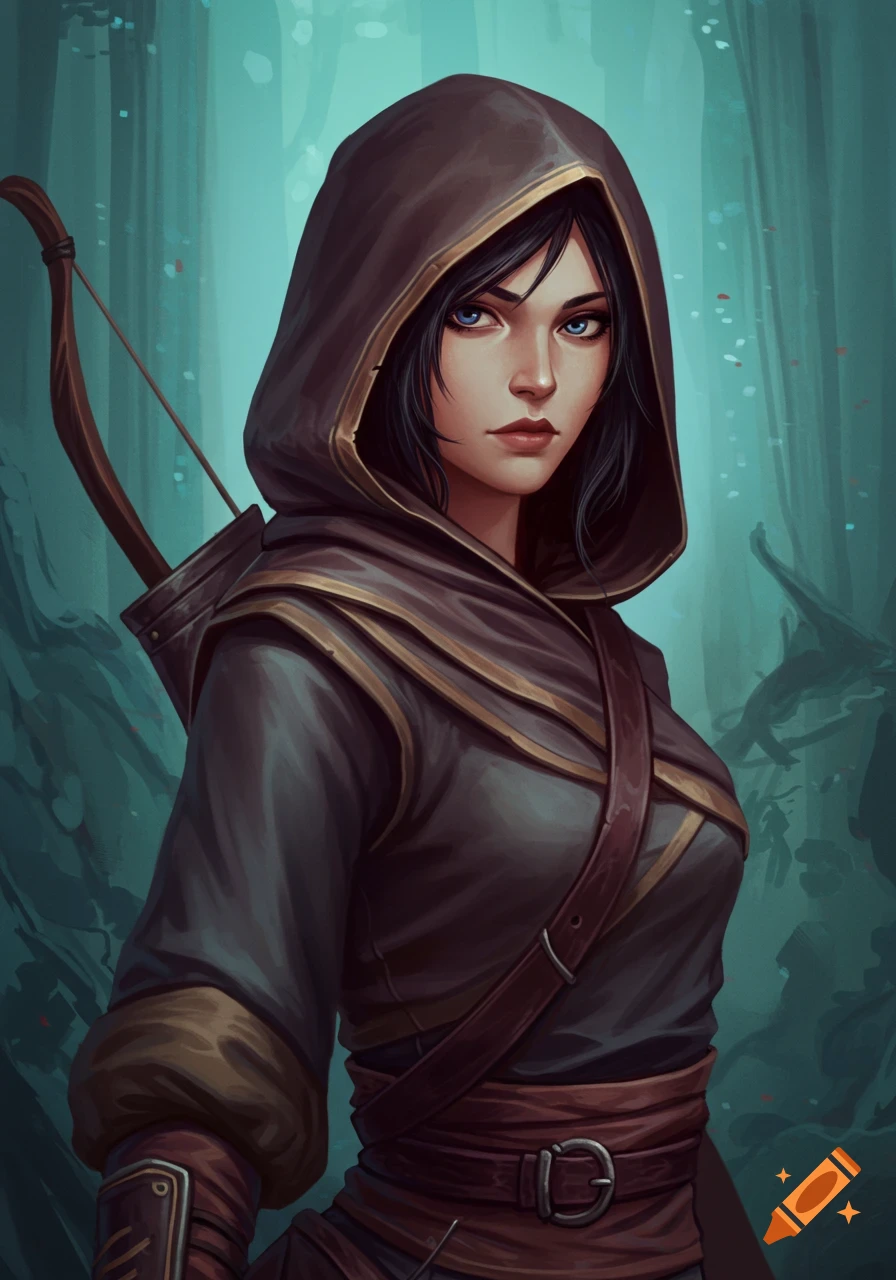 A fantasy portrait of a mysterious woman in a hooded cloak carrying a bow.