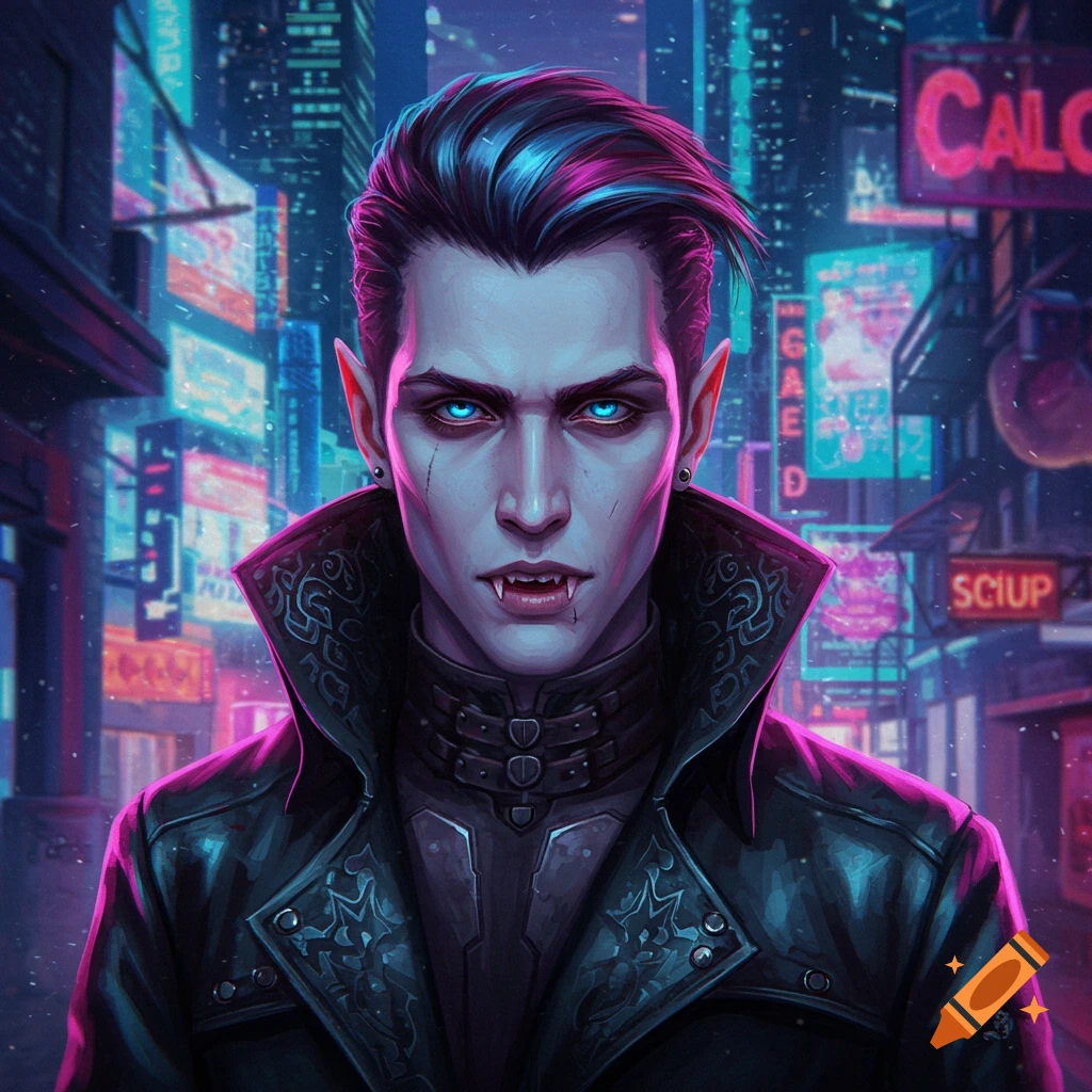 A close-up portrait of a sharp-featured vampire with glowing blue eyes and fangs in a cyberpunk city street at night.