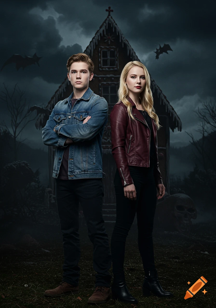 Two young people stand in front of a spooky gingerbread house with bats, like a movie poster.