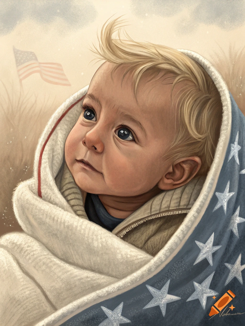 An illustration of a baby wrapped in a star-spangled blanket, looking upwards, with a blurry American flag in the background.