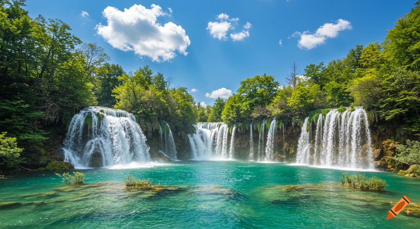 Multiple cascading waterfalls flow into a bright blue-green pool surrounded by green trees under a blue sky.