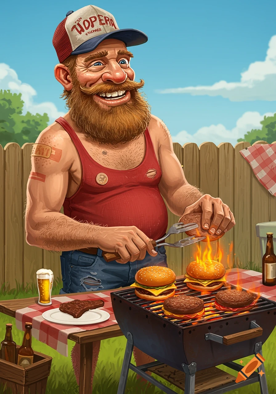 Cartoon man grilling hamburgers outdoors.
