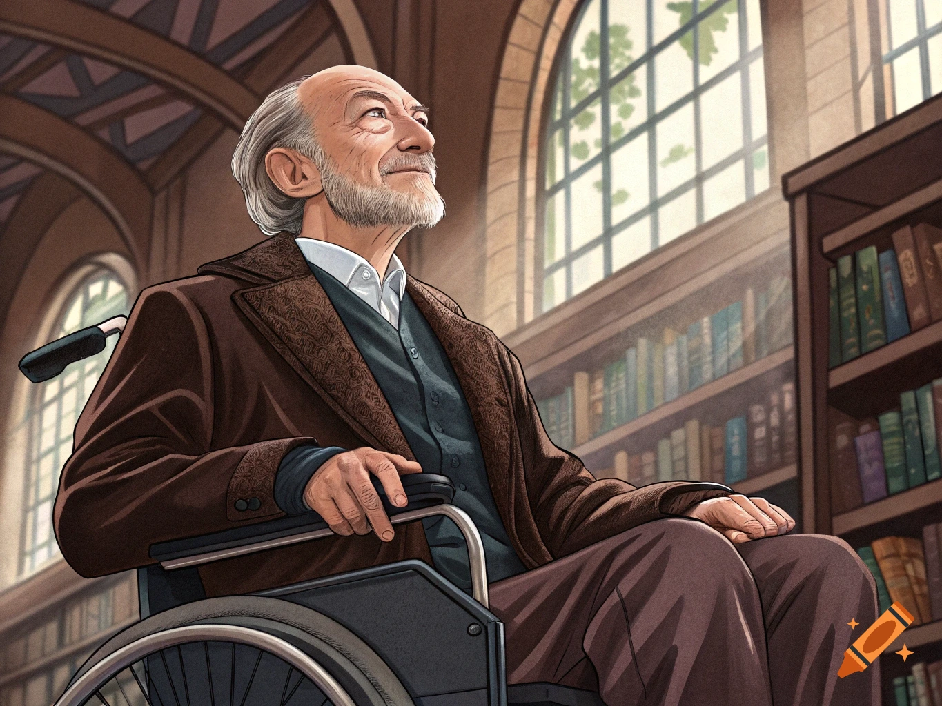 Illustration of an old man in a wheelchair looking up, sitting in a library beside bookshelves.