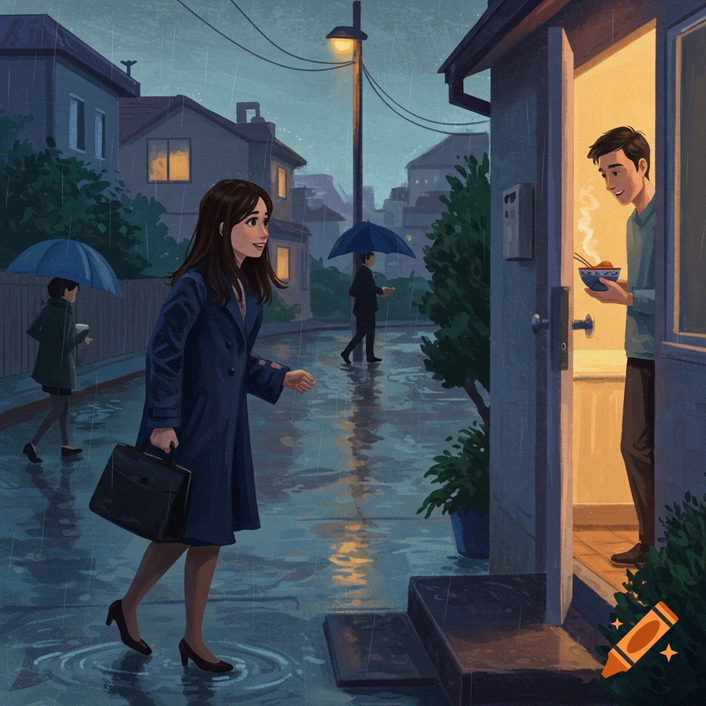 Illustration of a woman in a coat walking in the rain towards a man holding a bowl of food at a doorway.