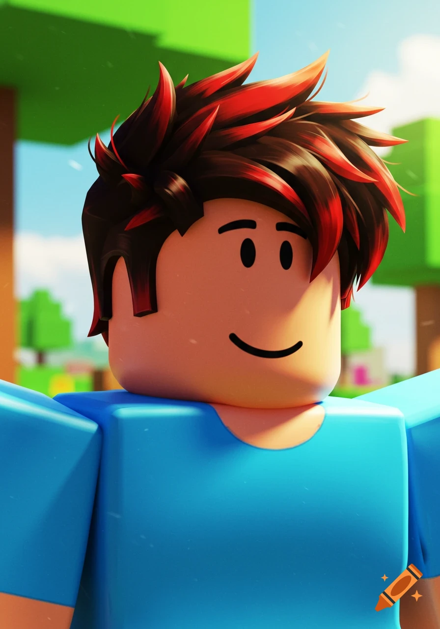 A close-up of a Roblox character with red and black hair and a blue shirt, standing in a blocky outdoor setting.