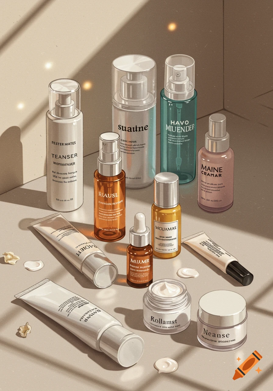 A collection of skincare products, including bottles, tubes, and jars, arranged in a still life layout with shadows.