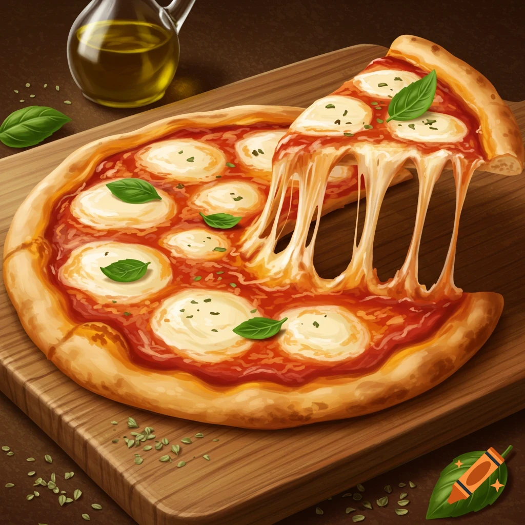 Realistic pizza with mozzarella cheese pull, basil, and olive oil.