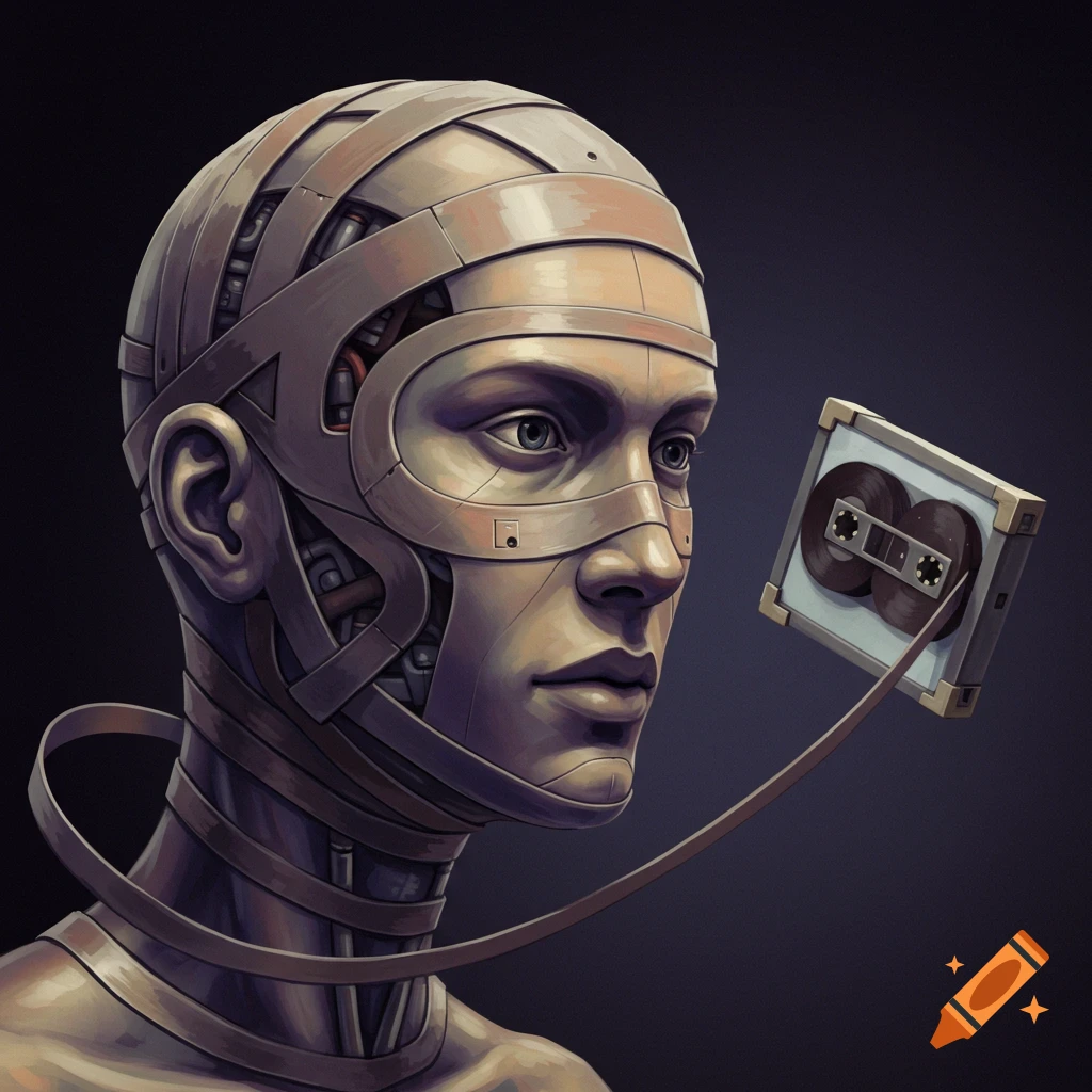 Stylized portrait of a figure with metal strapping on its head, looking at a floating cassette tape.