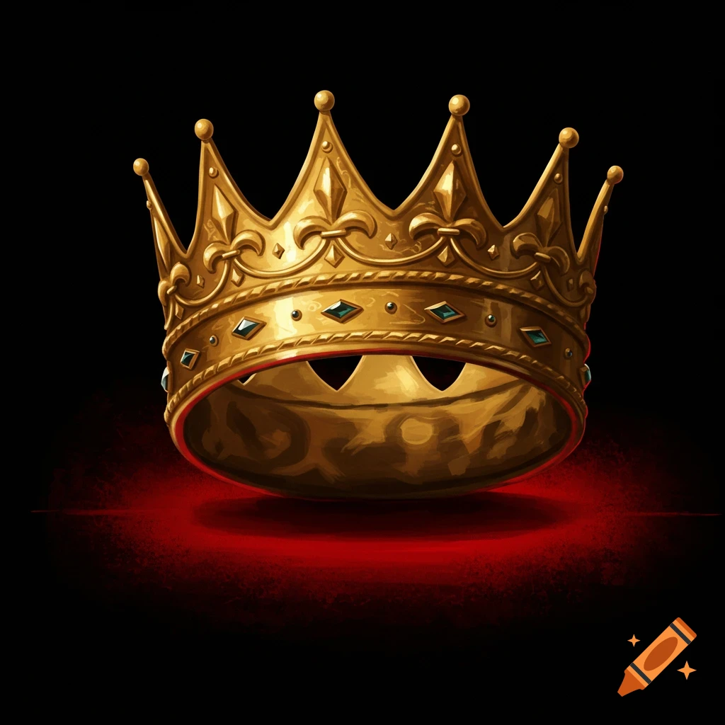 A golden crown with jewels and fleur-de-lis details on a dark background with red light.