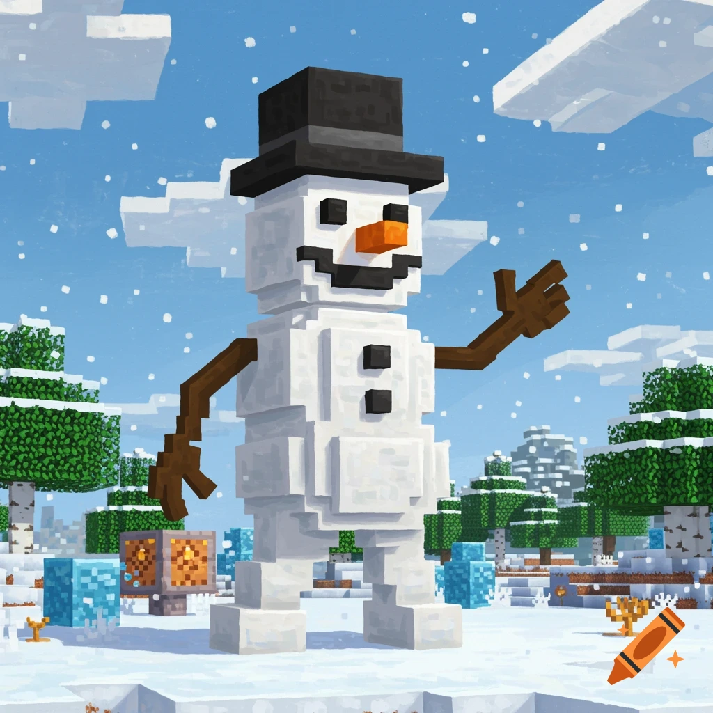 Blocky snowman in a winter Minecraft landscape