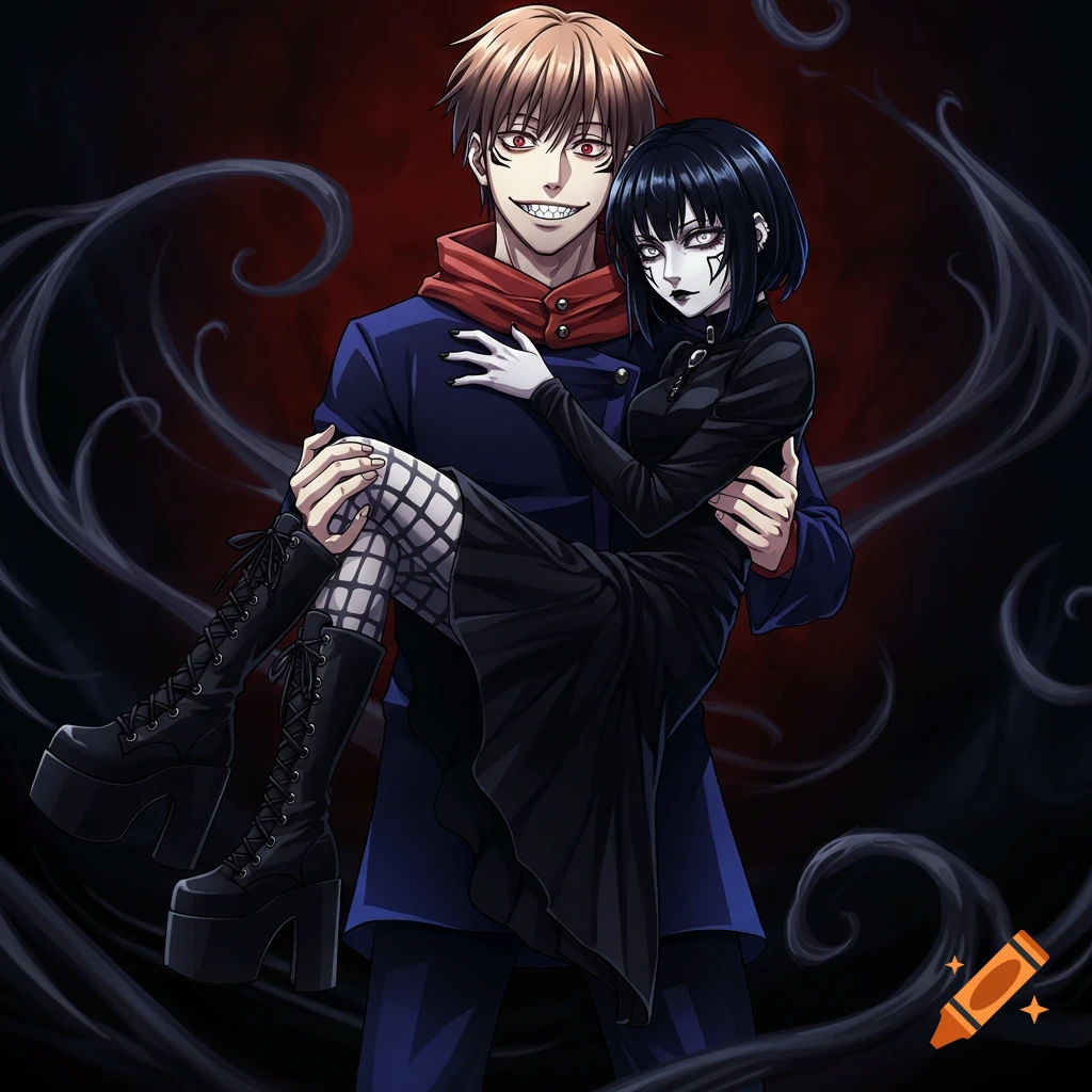 Anime male character holding a goth girl with striking makeup against a dark background.