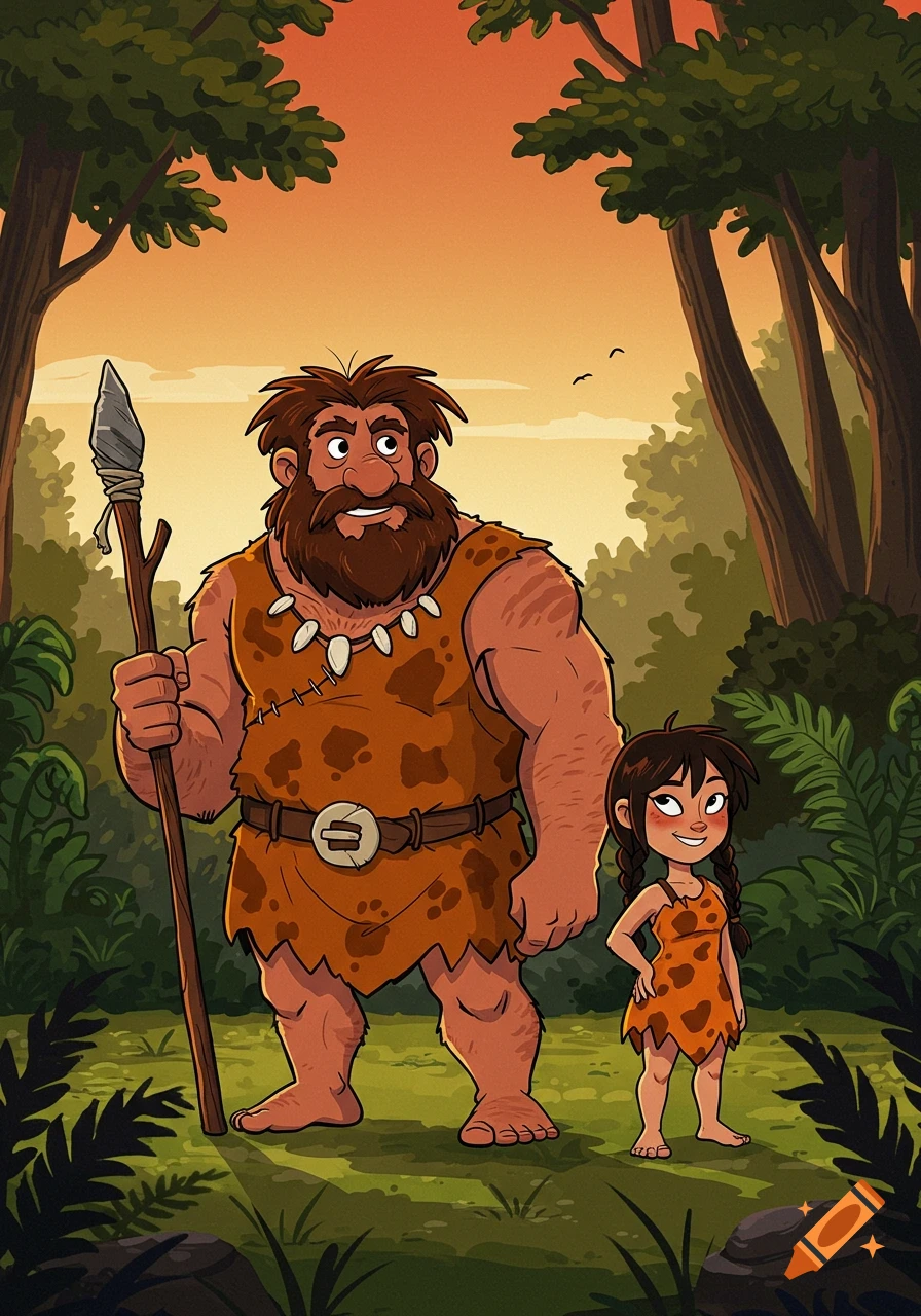 Cartoon cave man with a spear stands next to a cave girl in a forest at sunset.
