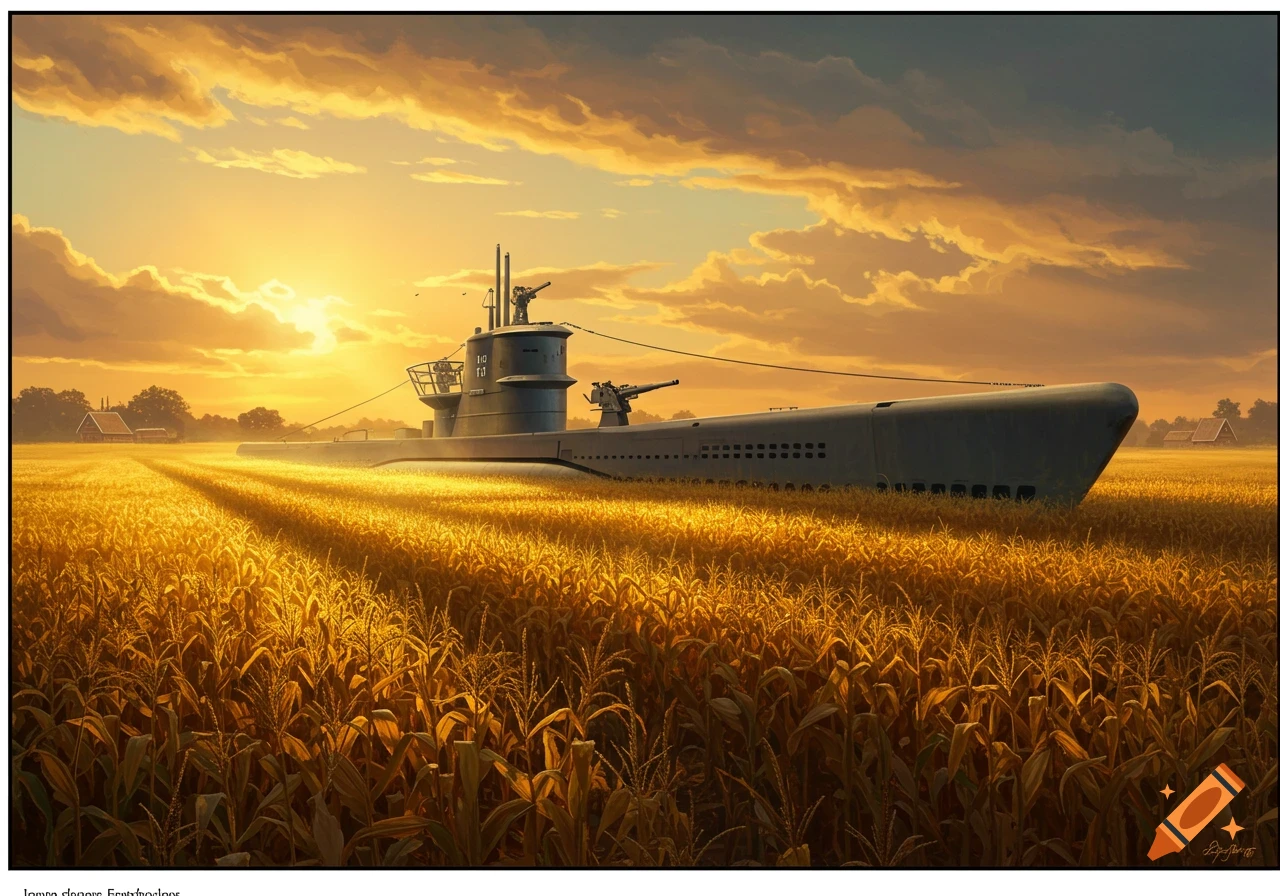 A submarine sits in a vast cornfield at sunset.