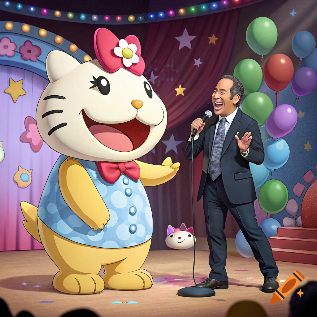 A large cartoon cat character stands on a stage with Jerry Seinfeld, who is holding a microphone.