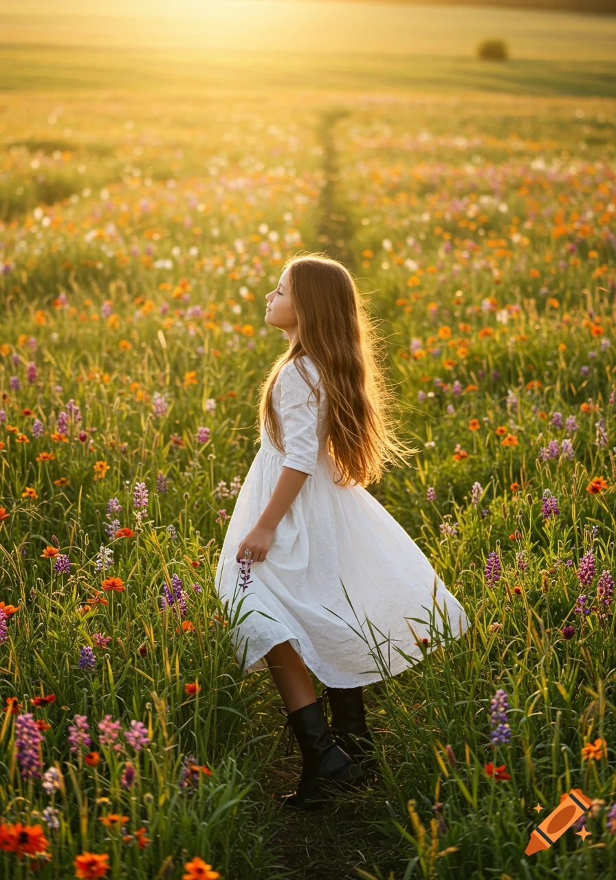 A young girl in a white dress stands in a field of wildflowers at sunset, her hair illuminated by the golden light.