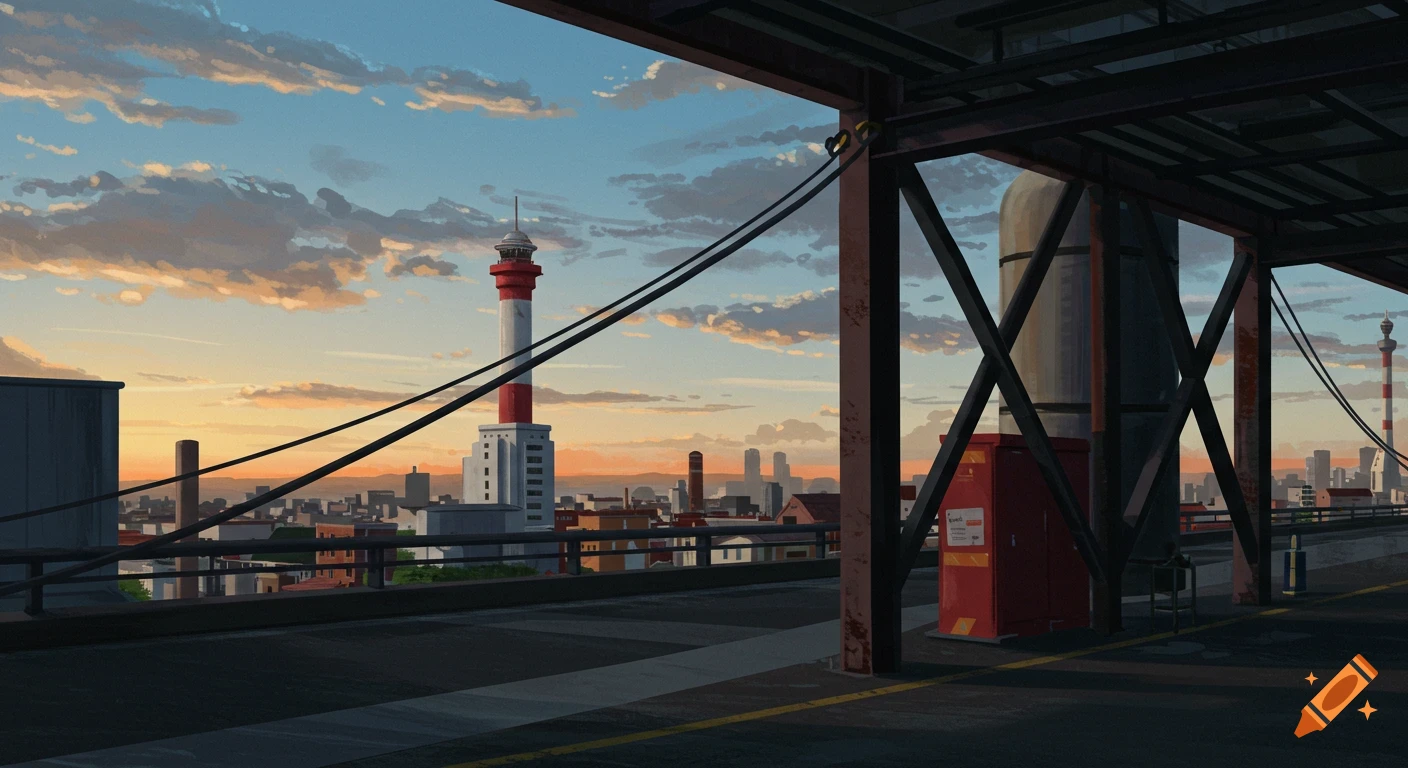 View of an industrial cityscape at sunset from an elevated structure, with a tall tower in the distance.