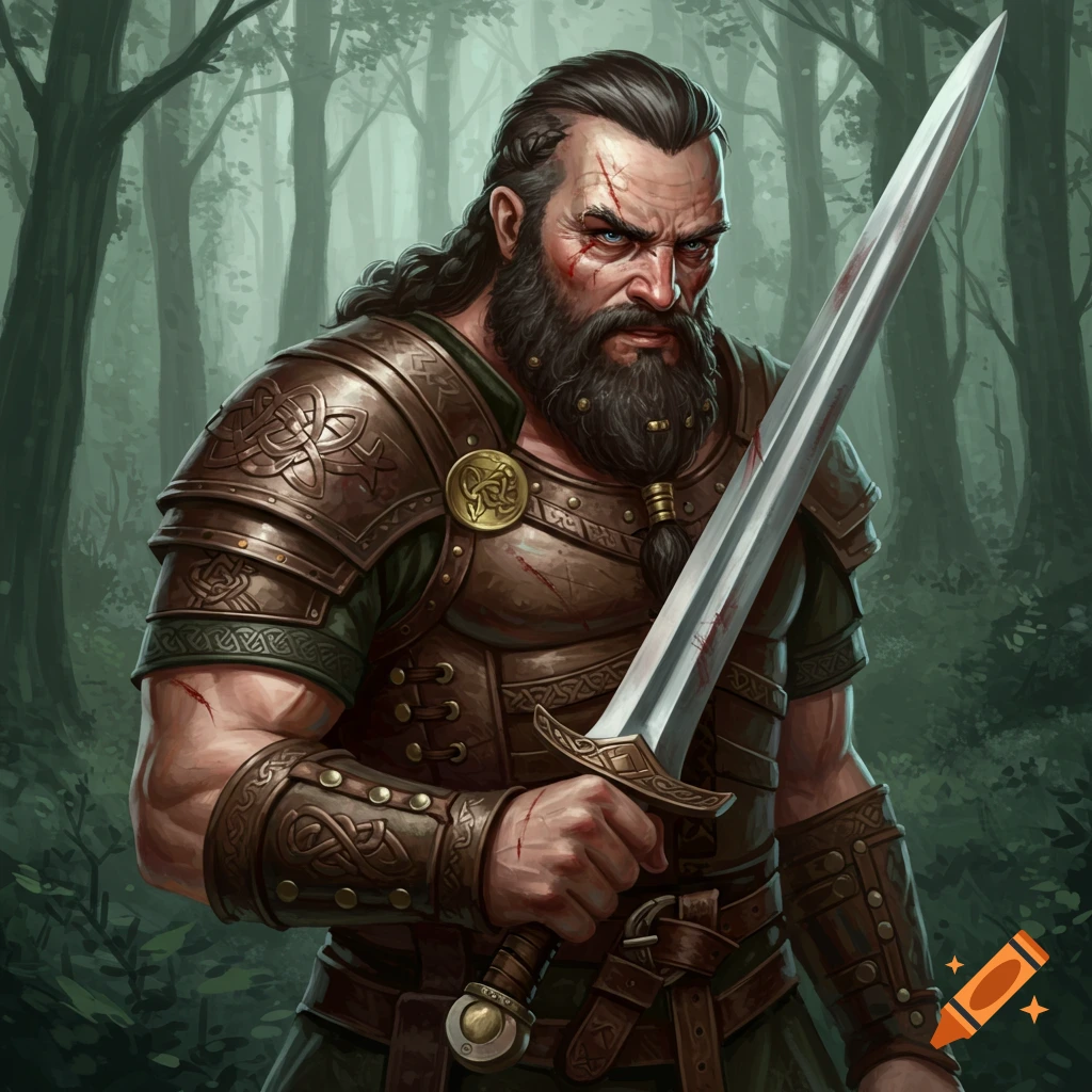 A bearded Celtic warrior in detailed armor holds a sword in a forest.