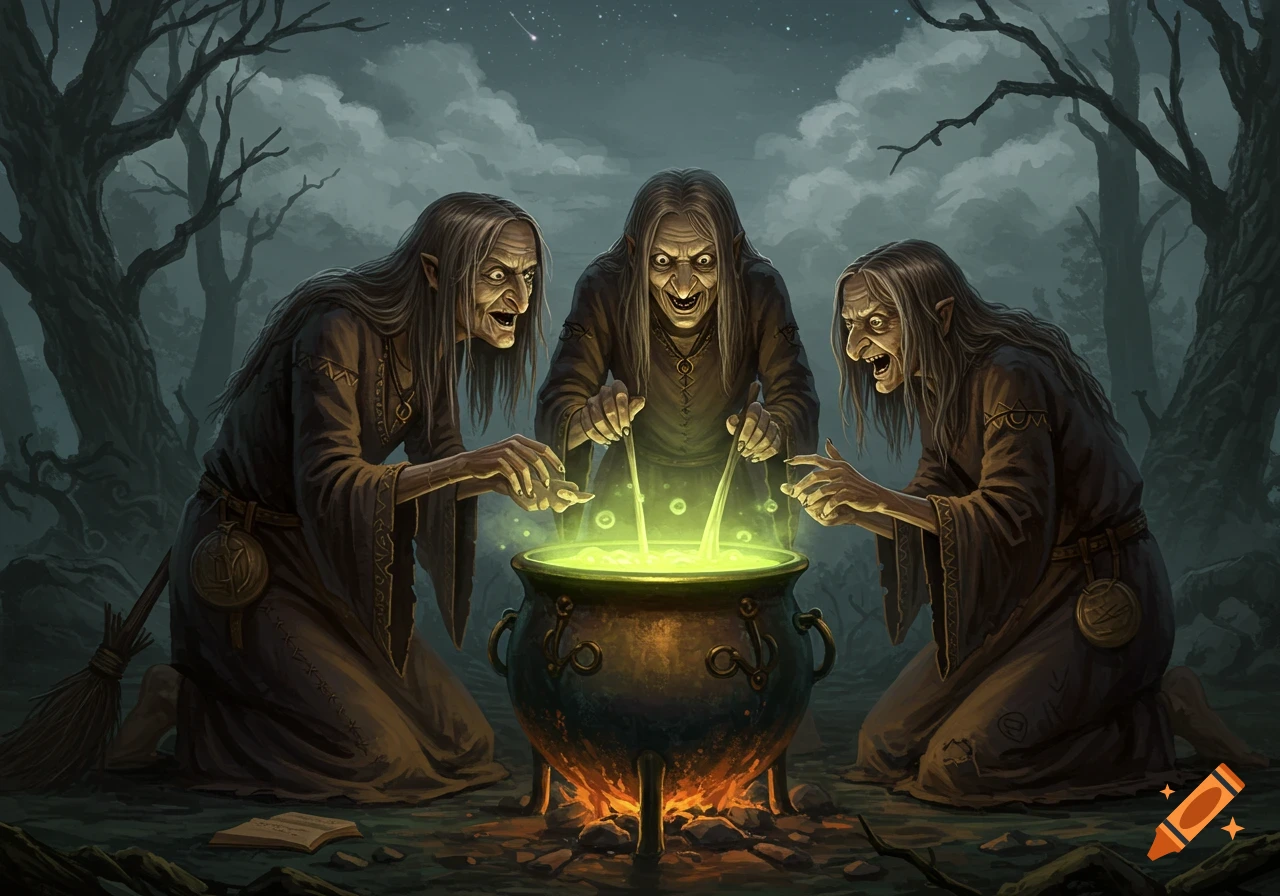 Fantasy illustration of three cackling witches stirring a glowing green potion in a cauldron in a dark forest.
