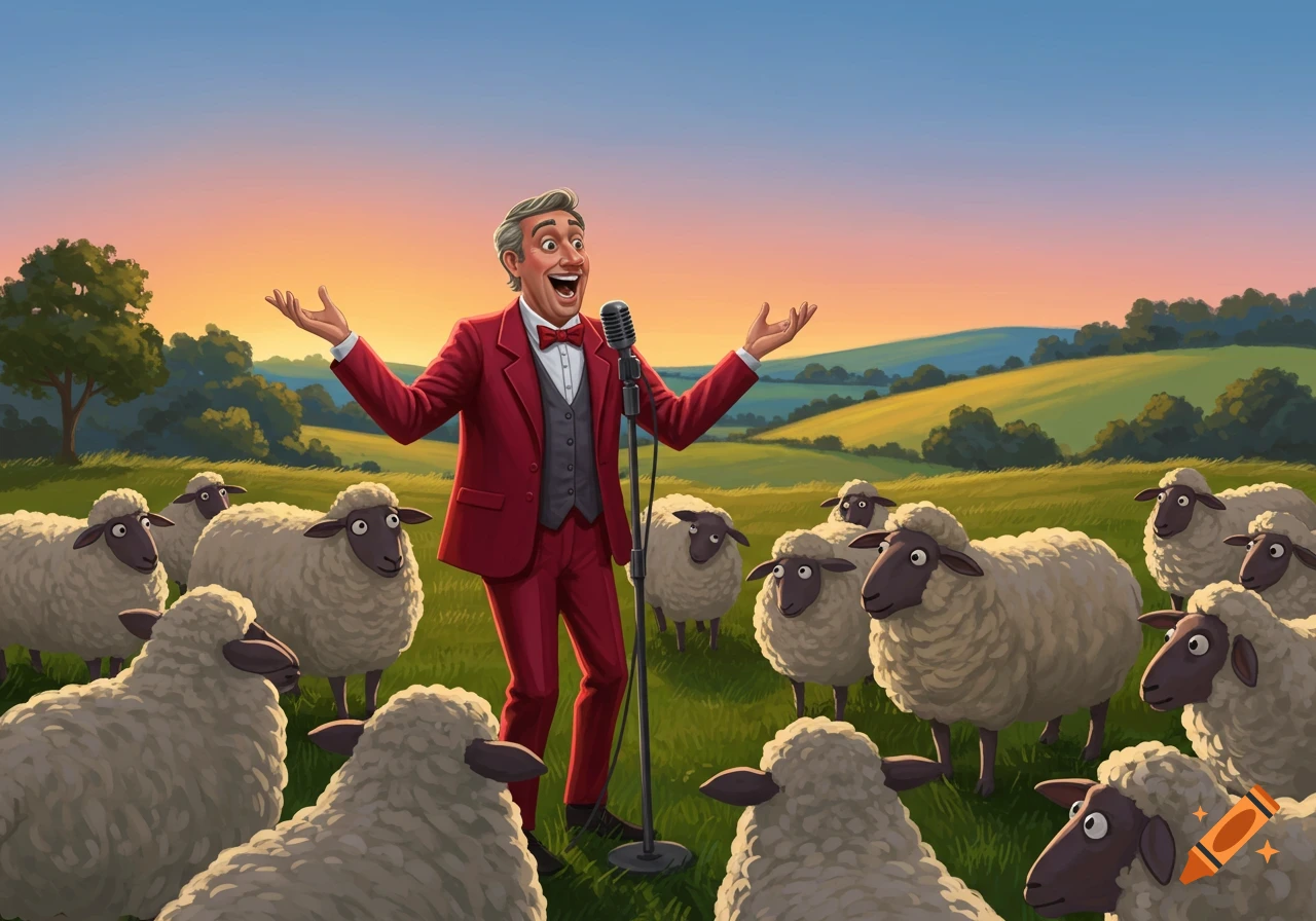 An illustration of a man in a red suit singing into a microphone in a field to an audience of sheep.