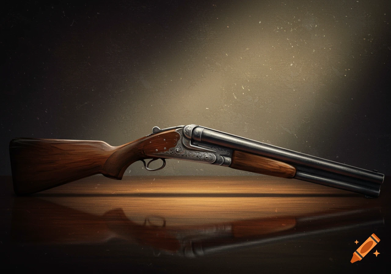 An old-fashioned double-barreled shotgun rests on a polished wooden table in dim light.