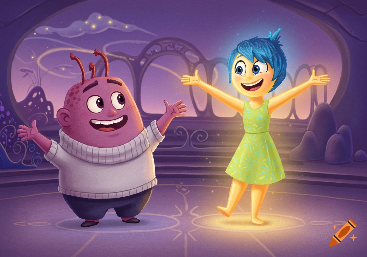 Cartoon characters resembling Bing Bong and Joy from Inside Out with arms open wide in a fantasy setting