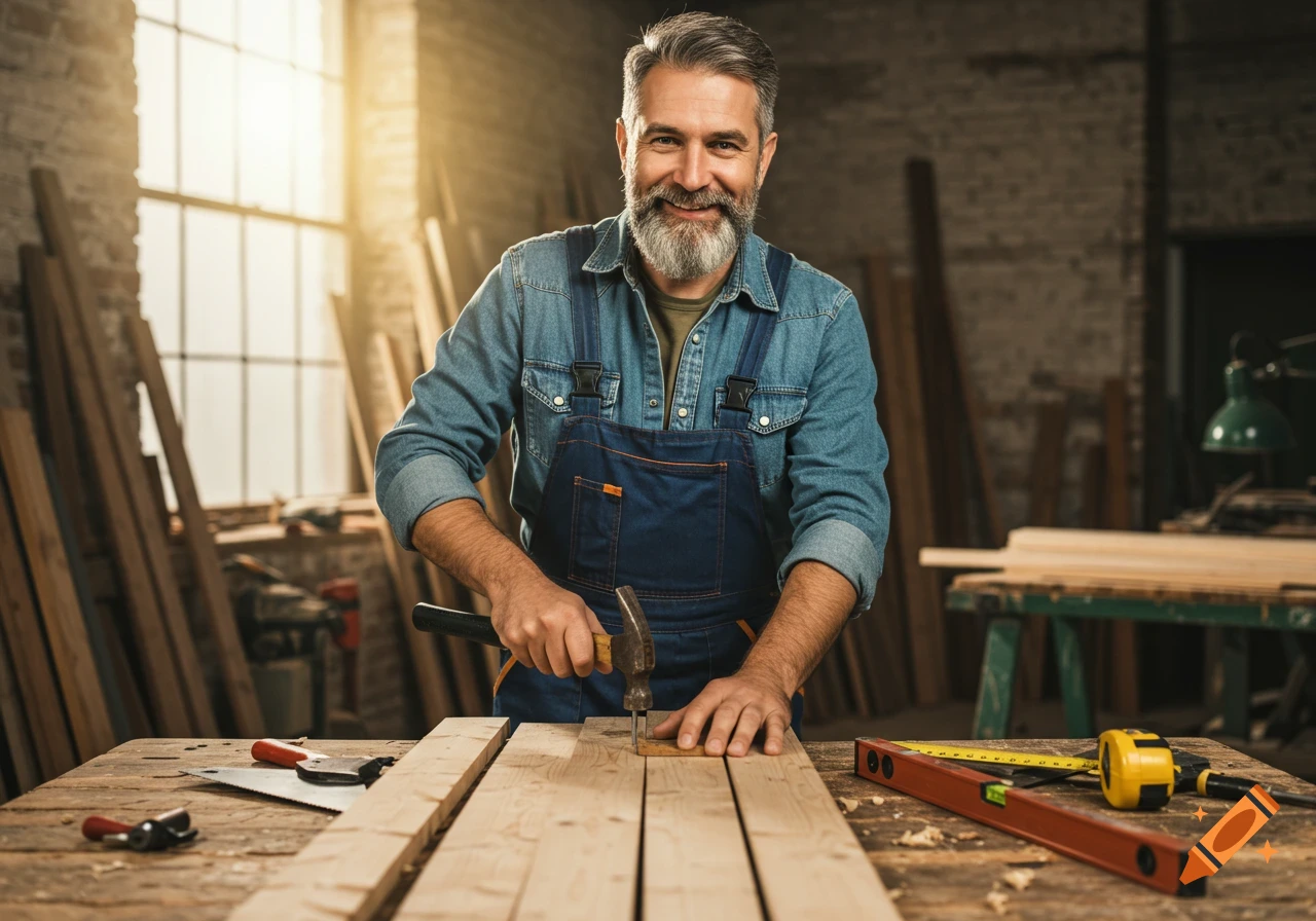 Smiling carpenter hammering a wooden plank in a sunlit workshop