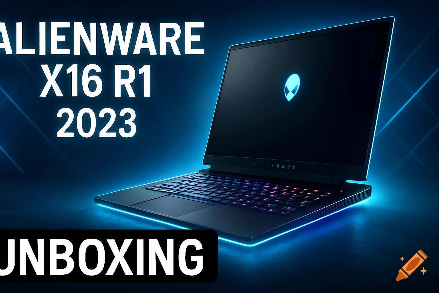 Alienware X16 R1 2023 laptop with RGB keyboard on a dark blue background with text ALIENWARE X16 R1 2023 UNBOXING.