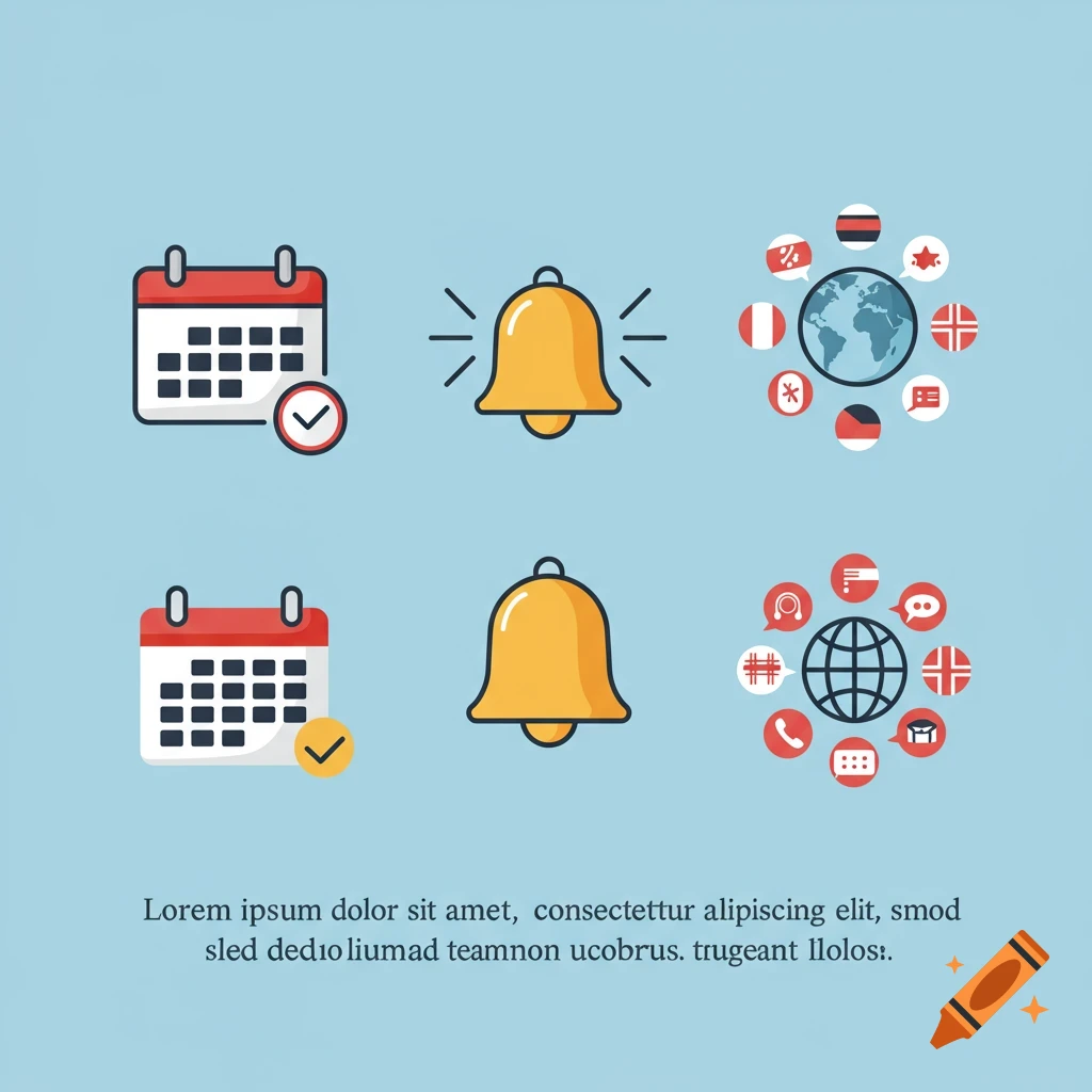 Flat style icons of calendars, bells, globes with communication symbols, and placeholder text.