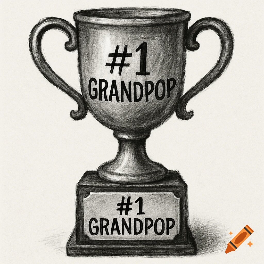 A black and white sketch of a trophy that says "#1 GRANDPOP".