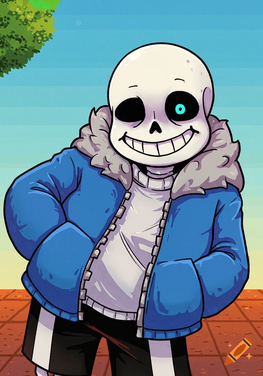 Illustration of Sans from Undertale smiling in his blue jacket on Craiyon