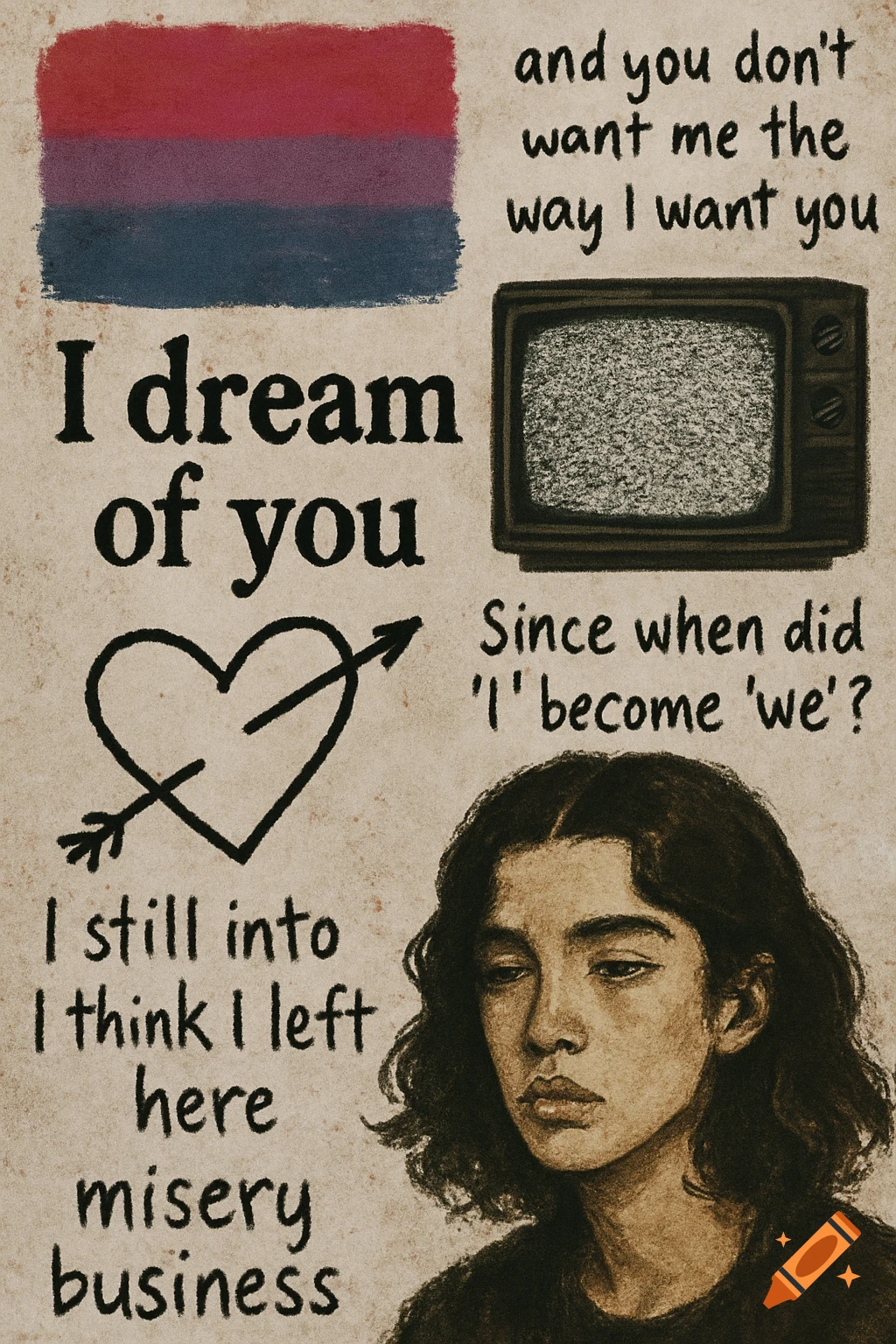 Grungy collage with bisexual flag, text lyrics, old TV, heart with arrow, and a person's face.