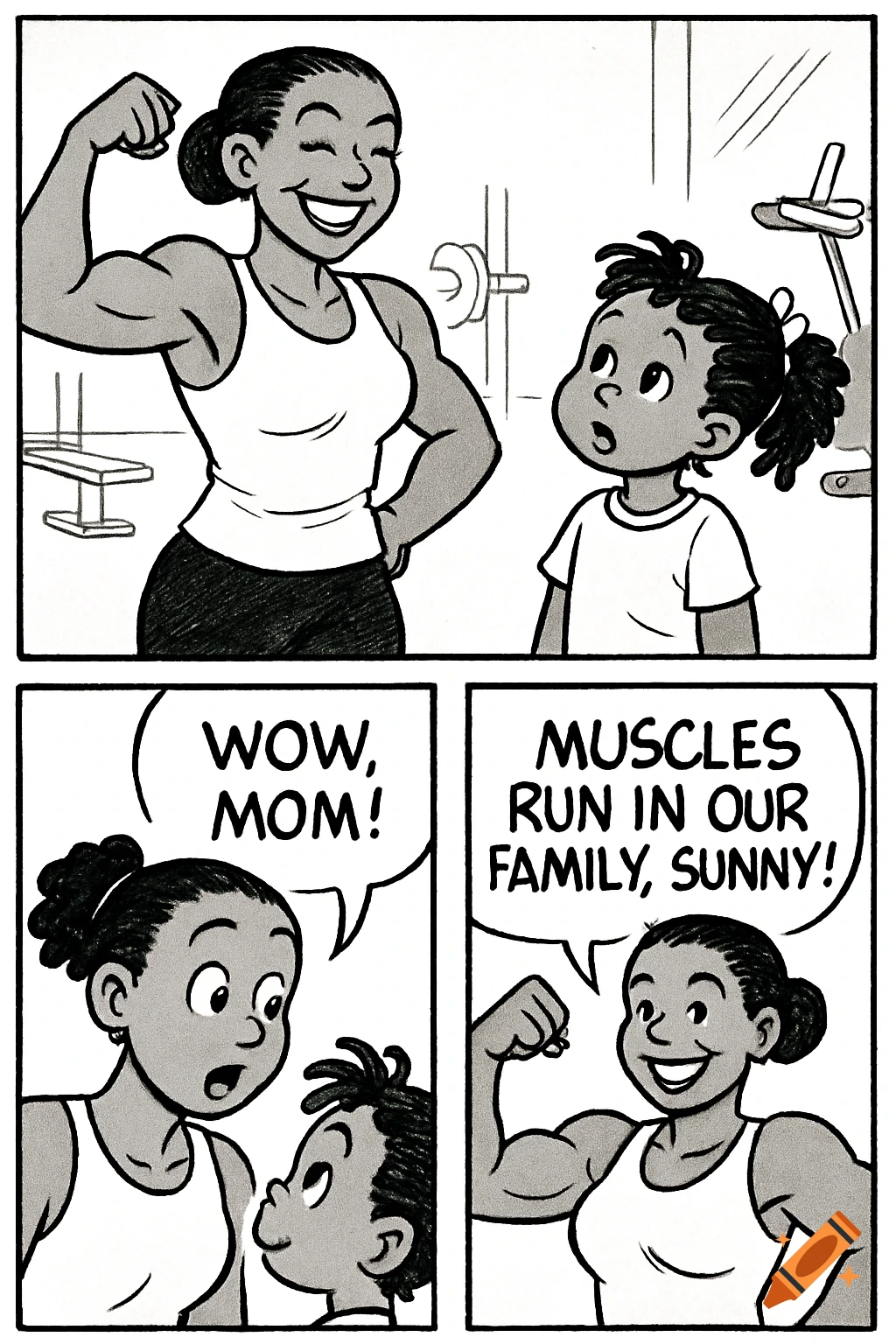 A black and white cartoon comic strip shows a muscular mom flexing at the gym for her daughter, with dialogue in speech bubbles.