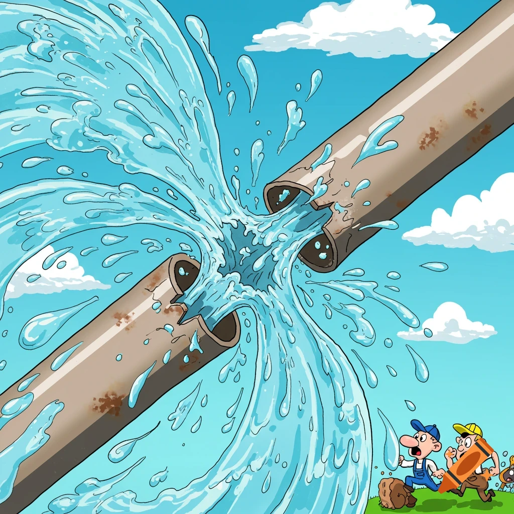 Cartoon illustration of a pipe bursting with water spraying out, with two surprised men running away.