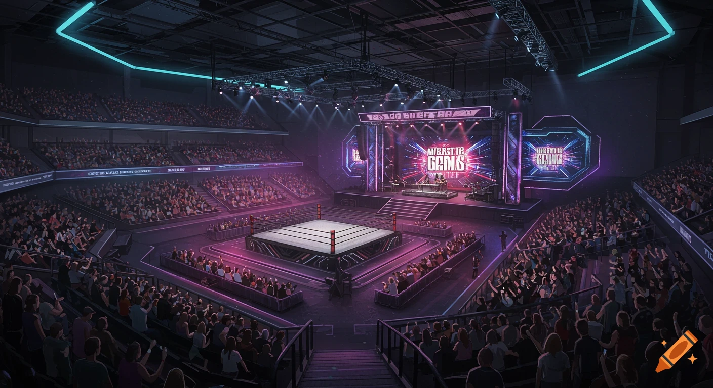 Interior view of a large wrestling arena with a ring, a stage with performers, and a crowd in the stands.