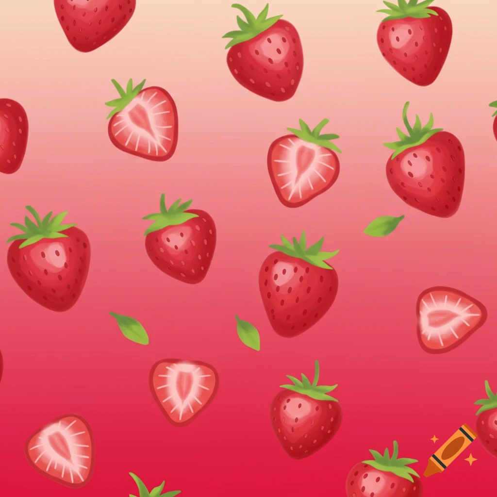 Seamless pattern of whole and sliced strawberries and leaves on a pink and red gradient background.