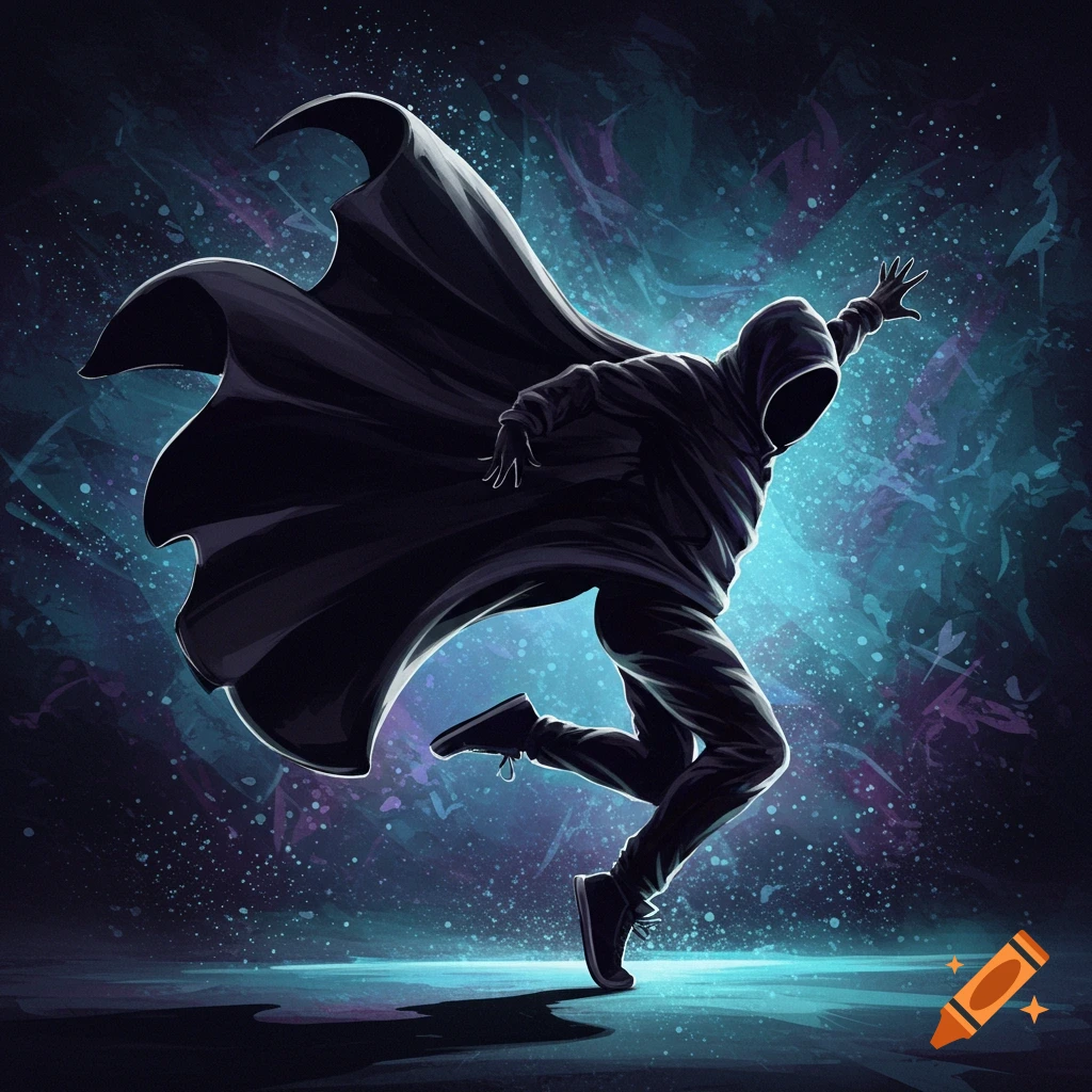 Stylized figure in black cloak dancing against a vibrant, splattered background.