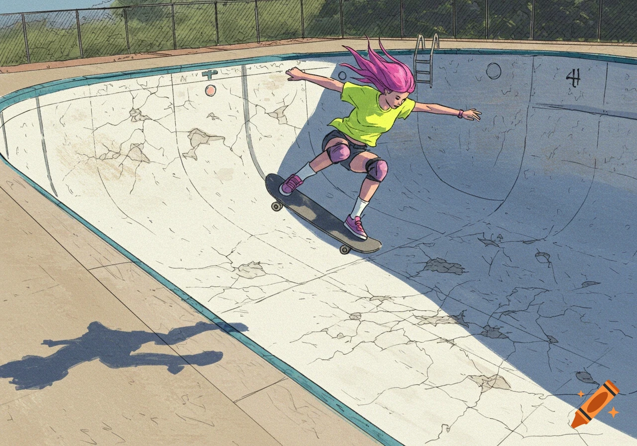 A girl with pink hair skateboards in an empty swimming pool in a sketch style.