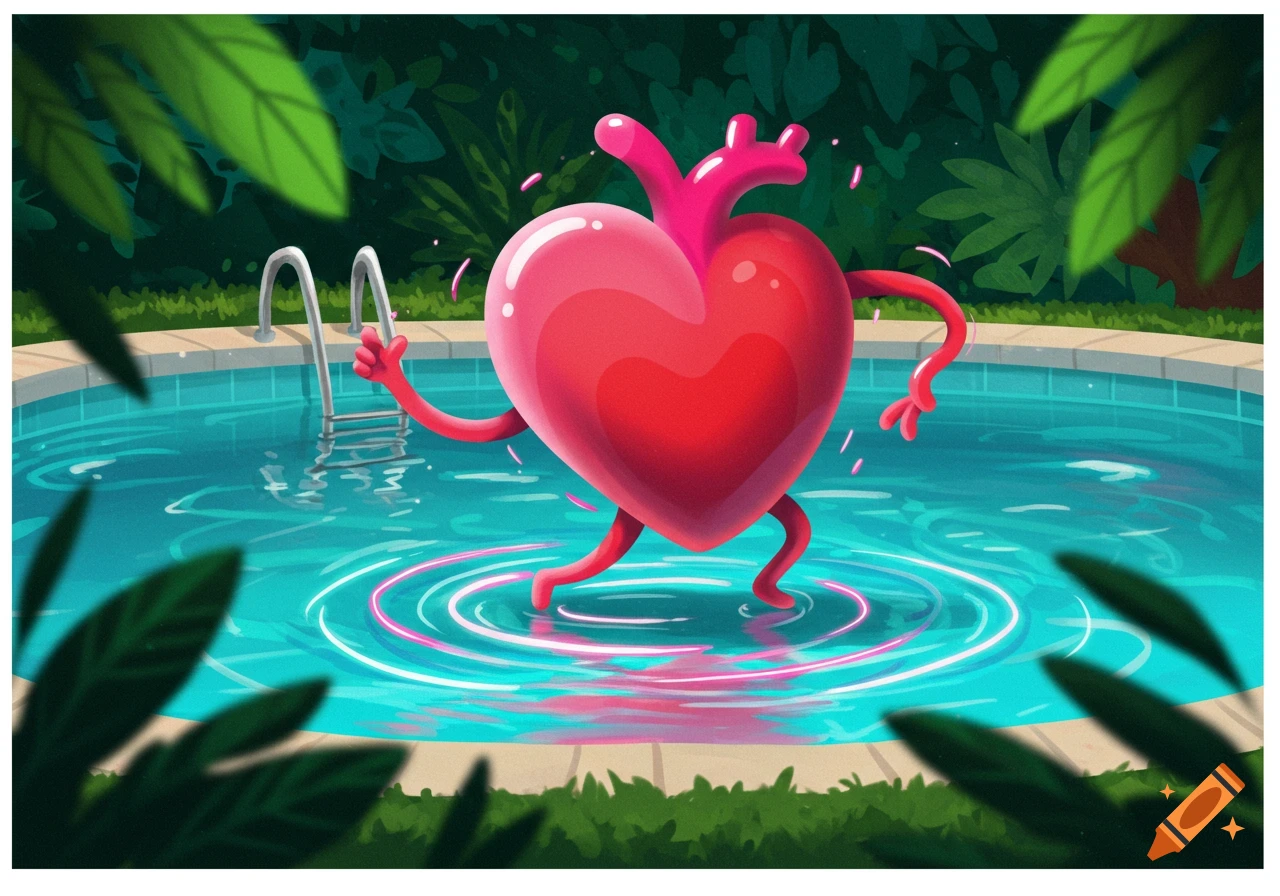 A cartoon heart with arms and legs dances in a swimming pool.