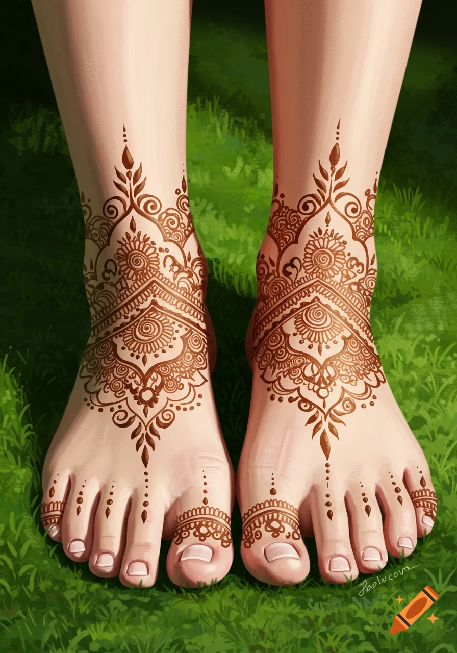 Close-up illustration of feet adorned with intricate henna designs resting on green grass.