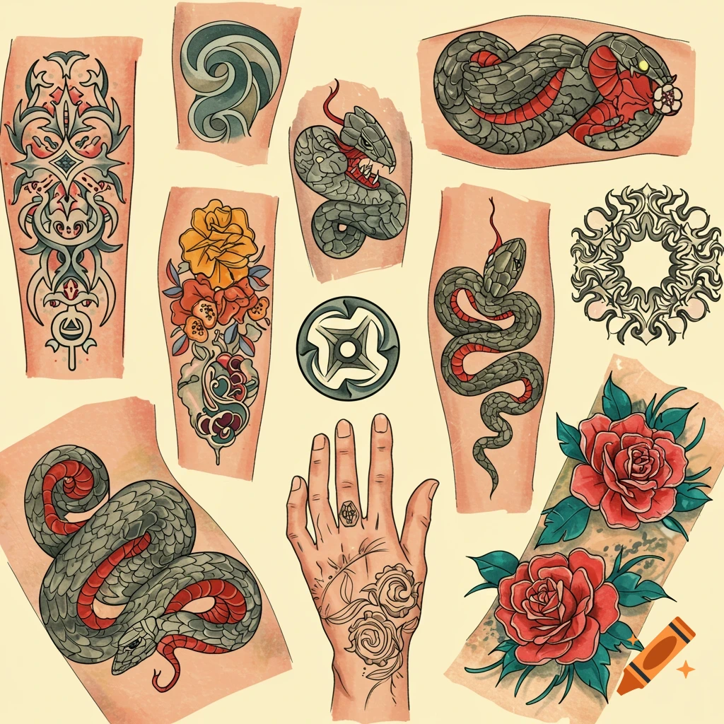 Illustrations of tattoo designs including snakes, roses, flowers, and abstract patterns on simulated skin patches, and a hand.