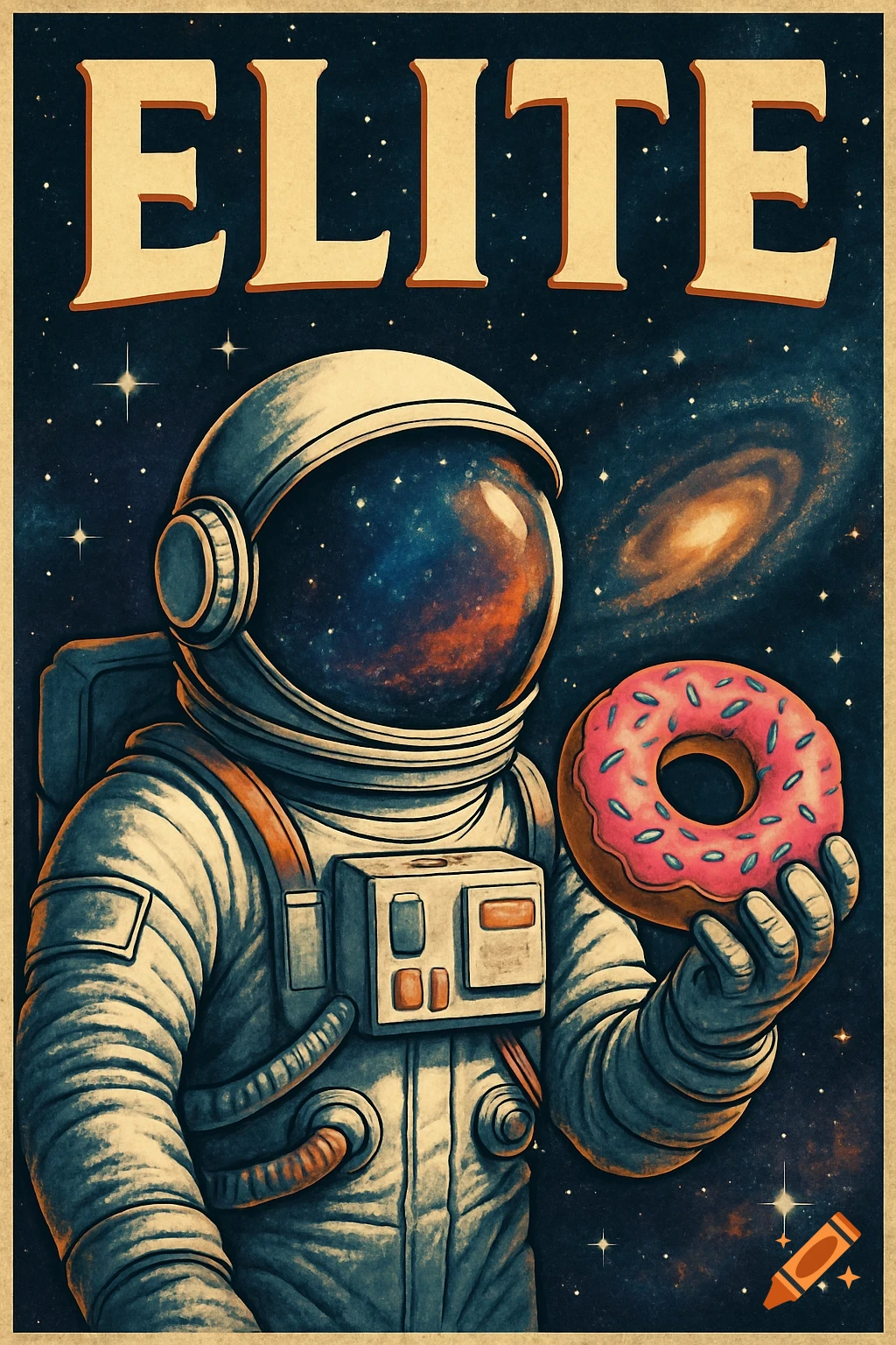 Retro poster of an astronaut holding a pink donut in space, with the text ELITE above.